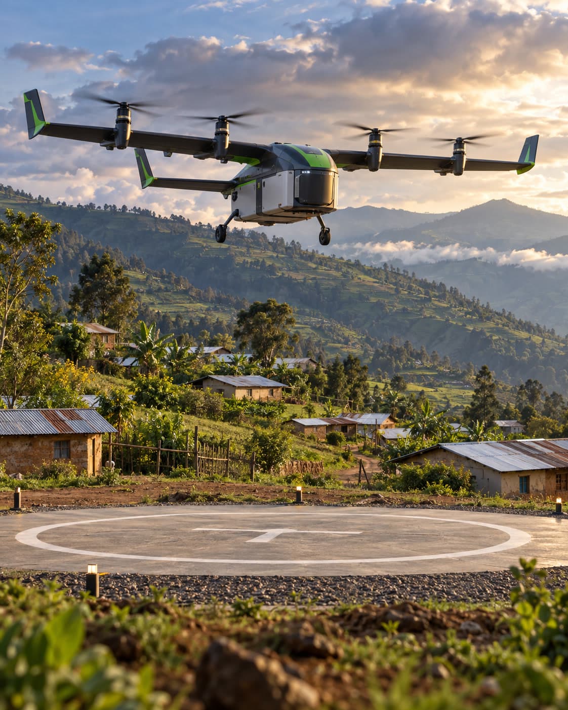 A Suivi cargo delivery drone landing at a pad beside a rural highland village